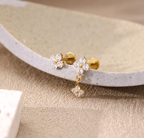 ROAMORE Flat Back Cartilage Stud Earrings For Women Tragus Helix Nose Piercing Jewelry Conch Threadless 18G Titanium Surgical Steel Hypoallergenic 14K Gold Plated CZ Silver Small Tiny Flower Studs by ROAMORE - Used condition - Image 6