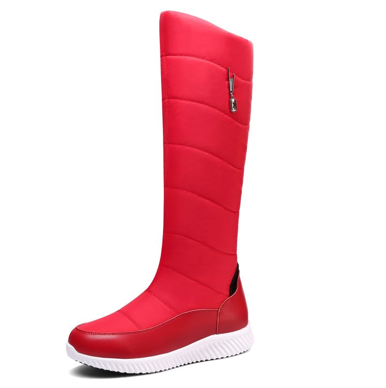 JIEEME Leather + Space Cotton Women's Knee High Snow Boots Round Toe Slip-On Flat with Handmade Long Shaft Winter Boots zhx-1131, red, 4 UK