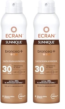 Ecran Sunnique Bronze- Bruma Leche Protectora FPS 30, Protección UVB + UVA e IR-A, Con Tecnología Pure Bronze y VitEox 80, Activa el Bronceado Natural, Sin Autobronceador - 250 ml (Paquete de 2)