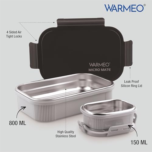 Image of WARMEO MICROMATE Microwave-Safe Stainless Steel Lunch Box, Bpa Free, Perfect for Office, School, Travelling, Combo(800ml+150 ml),Black