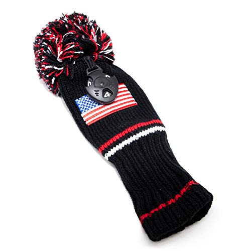 USA Knit Golf Pom Pom Rescue Hybrid Utility Cover Headcover Club Protector with Exchangeale Number Tag Long Neck Patriotism for Taylormade PXG Titleist Callaway Cleveland