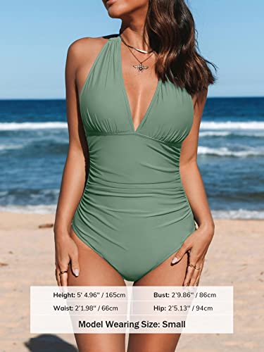 Image of CUPSHE Women Deep V Neck One Piece Halter Swimsuit | Backless,Ruched,Tummy Control,Soft Removable Cups,Flattering Bathing Suit For Vacation And Beach