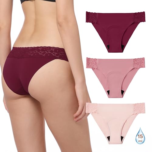 OEIOEI Pantalones de época con ribete de encaje ligero, ropa interior menstrual de tiro bajo, a prueba de fugas, paquete de 3, Borgoña/rosa/rosa pálido, L