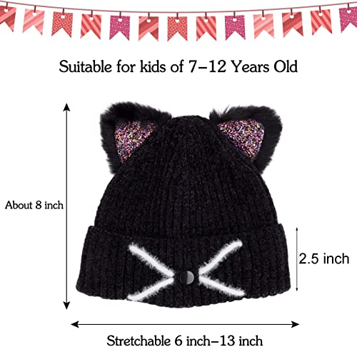 Kids Girls Sequin Cat Ears Hats Winter Knitted Beanie Hat for Outdoor Snow Ski Skull Cap Ages 7-122