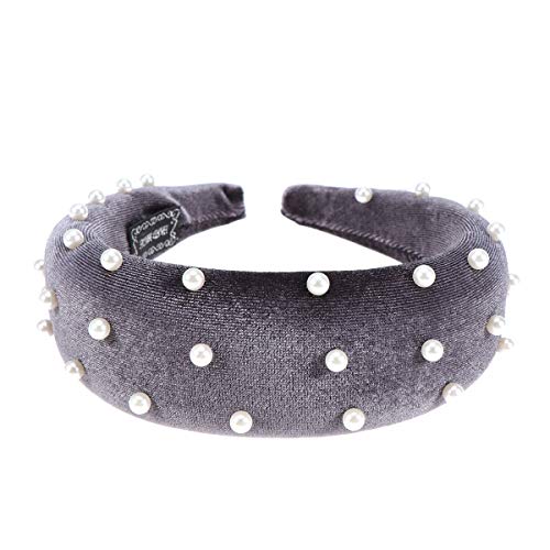 Beaupretty Pearl Sponge Velvet Vintage Wide Plain Headband Pearl Hair Hoop Hairband for Women(Grey), Picture 2