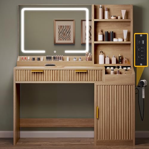Image of DWVO Fluted Makeup Vanity Desk with Large 27 inch Mirror and Lights