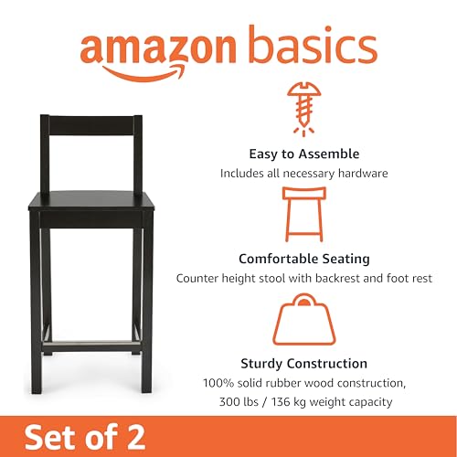 Image of Amazon Basics Wooden Counter Height Bar Stool with Backrest for Kitchen Island, 24 inch, Black, Set of 2