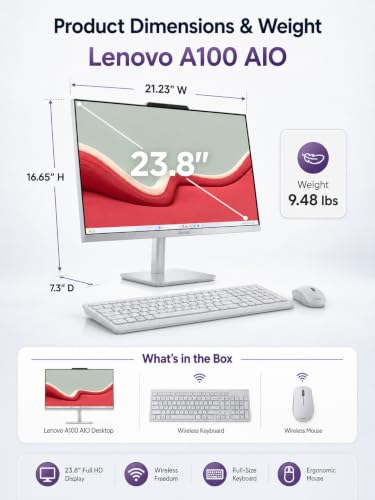 Image of Lenovo All in One Desktop, Intel Ultra-Fast 4-Core CPU| 24'' FHD Display| 8GB RAM, 256GB PCIe SSD On Board Plus 512GB HDD External | Wi-Fi 6| Bluetooth| RJ-45| Windows 11 | HDMI | Wireless KB & Mouse