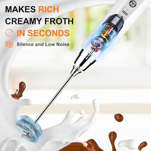 Image of YUSWKO White Handheld Milk Frother Wand with Stand for Coffee, Rechargeable Electric Whisk with 3 Heads 3 Speeds Drink Mixer Coffee Frother For Latte, Cappuccino, Hot Chocolate, Egg