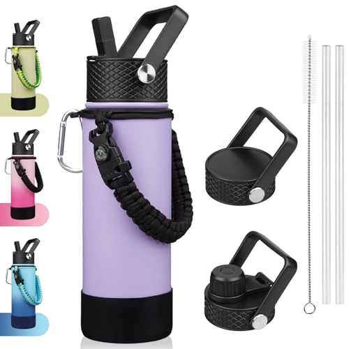 Image of BJPKPK 22oz Insulated Water Bottle with 3 Lids, Straw Lid & Handle