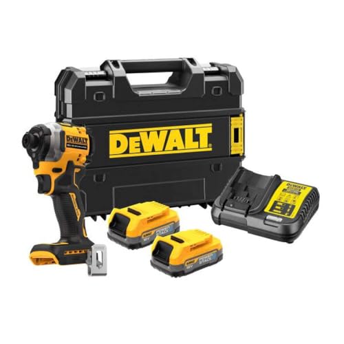 ‎DeWALT DCF850E2T-QW Avvitatore compatto senza spazzole a percussione XR 18V 1/4 205Nm con 2 batterie POWERSTACK e valigetta TSTAK, Multicolore