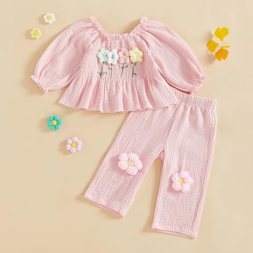 Amnnchya Toddler Baby Girl Outfits Infant Puff Sleeve Smocked Floral Tops Pants Cute Kids Girls Fall Winter Clothes Set (Pink, 18-24 Months)