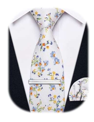 Image of YourTies Cotton Floral Tie for Men 2.5 inch Printed Skinny Necktie Pocket Square Tie Clip Set Flower Wedding Party Groom