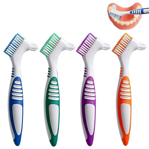 Lot de 6 brosses à dents pour prothèses dentaires - 4 brosses à dents dentaires + 2 boîtes de rangement - Brosse double face pour un nettoyage efficace des prothèses dentaires (bleu/vert/violet/orange