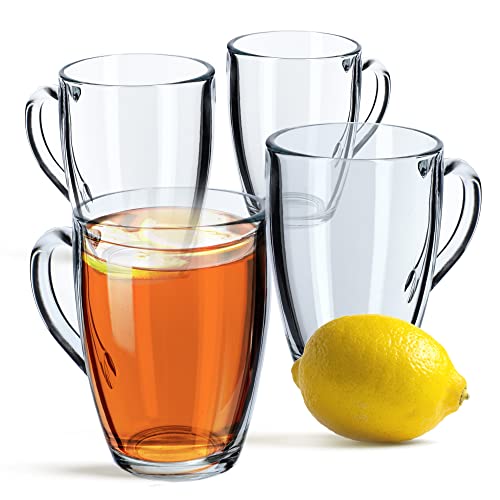 KADAX Vasos de Vidrio Transparente de 350 ml para Bebidas Calientes o Frías, Tazas de Cristal con Asa para Café con Leche, Té y Infusiones (Juego de 4)