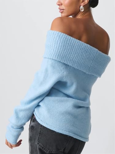 Image of Women Off The Shoulder Sweater Y2k Long Sleeve Boat Neck Knit Cropped Pullover Tops Fall Trendy Going Out Streetwear