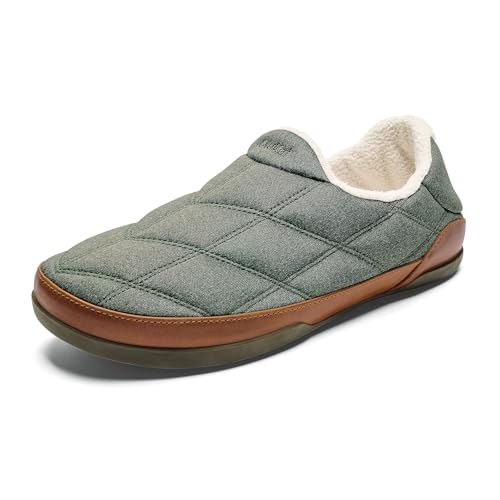 OLUKAI Pukui Mens Fleece Slippers Comfortable Activewear Slippers Premium Full-Grain Leather & Jersey Knit Drop-In Heel & All-Day Comfort Ash/Ash 9