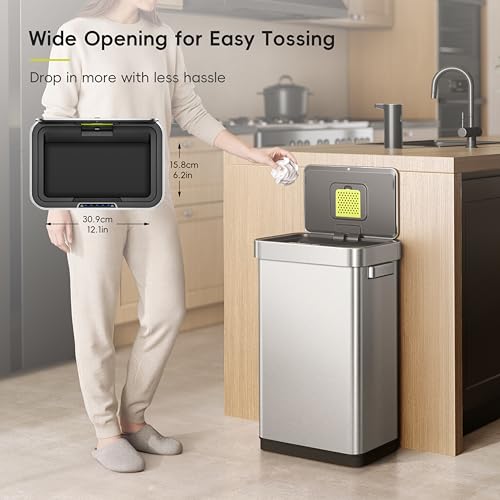 Image of EKO Deluxe Mirage-T 50 Liter / 13.2 Gallon Touchless Rectangular Motion Sensor Trash Can or Recycling Bin, Matte Stainless Steel Finish