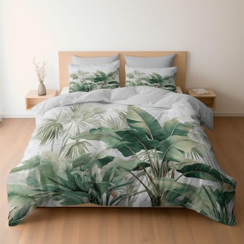 King Duvet Set, Minimalist Tropical Palm Leaf Design Premium Brushed Microfiber 230 x 220 cm, Ultra Soft Reversible Luxury Quilt Cover Bedding Set With Zipper Closure, Light Gray
