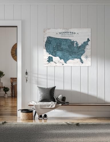 Image of IPIC - Vintage Teal USA Map Wall Art, Push Pin USA Map to Track Your Travels, Farmhouse Style Canvas Wall Decor for Home, Office, Living Room or RV, Ready to Hang, Made in USA