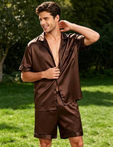 Image of SWOMOG Men Satin Silk Pajamas Sets Short Sleeve Sleepwear Button-Down PJs Sets Two-Pieces Loungewear with Pockets