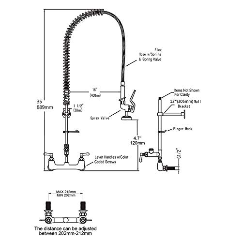 Kwode Commercial Faucets With Pre-Rinse Sprayer 8 Inch Center Wall Mount Kitchen Sink Faucet For Restaurant Industrial 3 Bay Compartment Kitchen Sinks 35” Height 12” Add-On Swivel Spout Double Handle #TOP7
