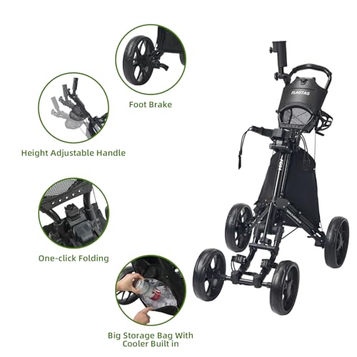 Image of Golf Push Cart 4-Wheels,Folding Golf Cart, Golf Pull cart with Cup Holder,Umbrella Holder,Cooler Bag, Foldable with one-Click,Handle Height Adjustable,Drink Holder,Walking Push cart