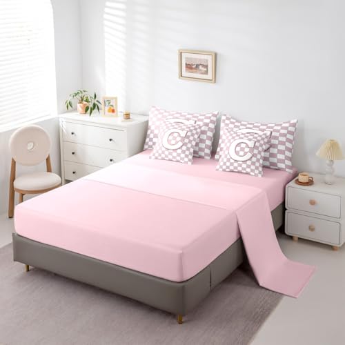 Image of Erosebridal Pink Initial C King Bed in A Bag 7 Piece Kawaii Plaid Checkered Comforter Set with Sheets Cute Personalized Monogram Bedding Sets for Kids Girls Teen Women,Fashion Grids Gingham Bed Set
