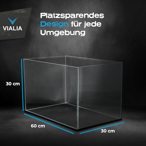 VIALIA Aquarium 60x30x30 cm 54 Liter | Glasbecken mit diamantgeschliffenen Kanten | Stoßfest verklebt & kratzfestes Floatglas | Für Süß- & Salzwasser | Inkl. eingeklebter Unterlage