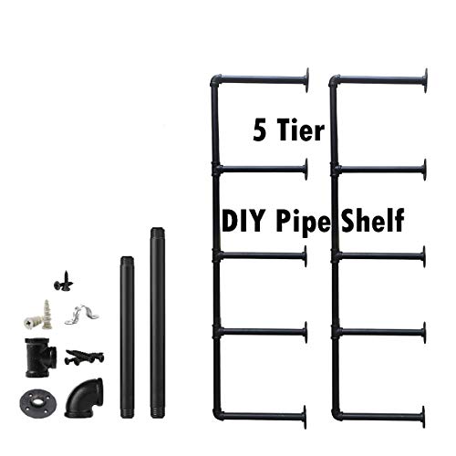 Industrial Wall Mount Iron Pipe Shelf Shelves Shelving Bracket Vintage Retro Hung Black DIY Open Bookshelf Racks Storage for offcie Room Kitchen (2PcsX5Tier,56" Tall,12" deep,Hardware Only)