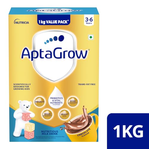 Image of AptaGrow Chocolate Flavoured Nutritious Milk Drink for Children 3-6 Years|with Prebiotics & 11 Immuno-Nutrients|Supports Immunity, Brain Development, Height Gain, Bone Development & Energy |1kg BIB