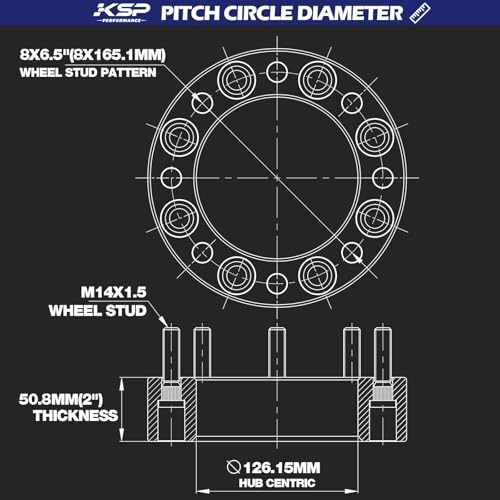 Image of KSP 2 inch 8x6.5 Wheel Spacers for 2013+ Ram 2500 3500, Silverado 1500 2500 3500 HD, 8x165.1 Wheel Adapters with M14x1.5 Studs for GMC Sierra Savanna, 2PCS 50.8mm 8 Lug Spacer 126.15mm Bore