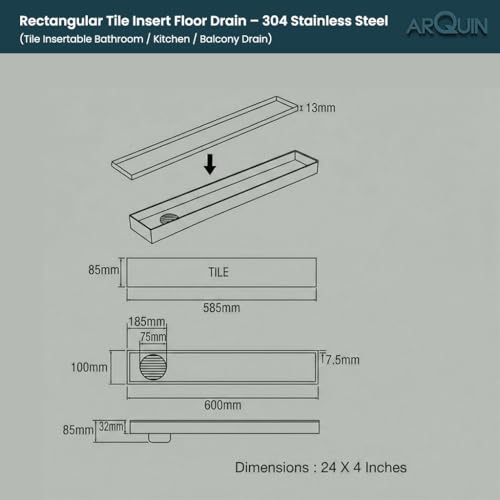 Image of ARQUIN Tile Insert Shower Drain Channel 24x4 Inch Bathroom Tile Insert Drain | 304 Grade Stainless Steel Waste Water Marble Floor Drain Channel with Cockroach Trap (1mm Thickness)