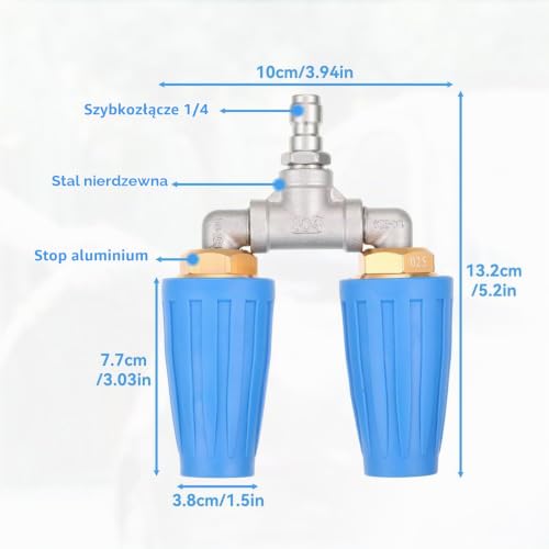 ieron Obrotowa podwójna dysza turbo do myjki wysokociśnieniowej, maks. moc 4000 PSI Obrotowa dysza turbo z końcówkami do myjki ciśnieniowej 1/4" Quick Connect, niebieska