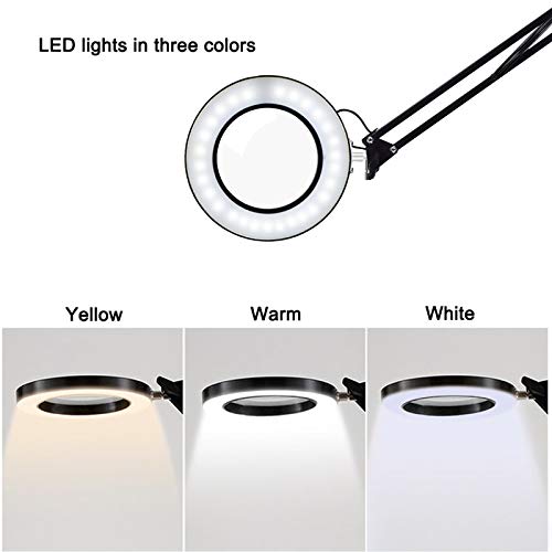 RajoNN Lámpara de Mesa Lámpara de Escritorio de Lectura de Anillo LED Moderna con Clip 5Xlens Lupa Abrazadera de luz Brazo oscilante Luz de Mesa Luz de Noche USB Regulable