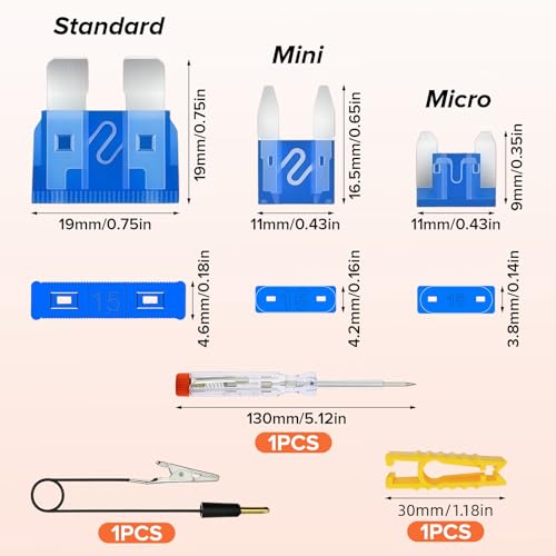 Ysimple 220Pcs Kfz Sicherung Set, Auto Sicherungen 2A-40A Standard/Mini/Micro mit Stromkreis Teststift und Sicherung Sicherungszieher, Wasserdicht Flachsicherungen Kfz, für Pkw Wohnmobil LKW Motorrad