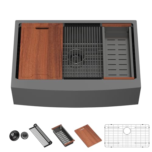 36 Black Farmhouse Sink - Lordear 36 Inch Kitchen Sink Ledge Workstation Gunmetal Black 16 Gauge Single Bowl Apron Front Farm Sinks Basin, 9" Apron Height by Lordear - Used condition - US$265.99