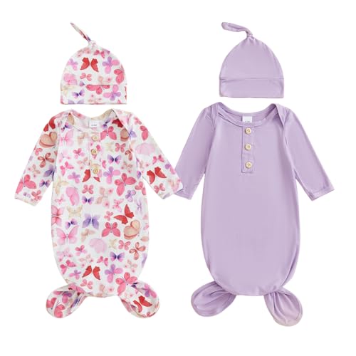 Merqwadd 2-Pack Baby Sleeper knotted Gown Boy Girl Nightgown with Hat Set (Lavender&Butterfly,0-3 Months)