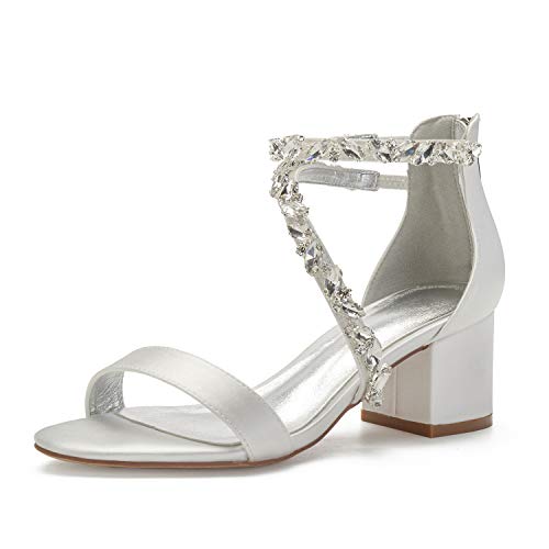 Anna's Bridal White Block Heels Sandals for Women Wide Width Crystal Wedding Shoes for Bride Low Heel Comfortable Pump…