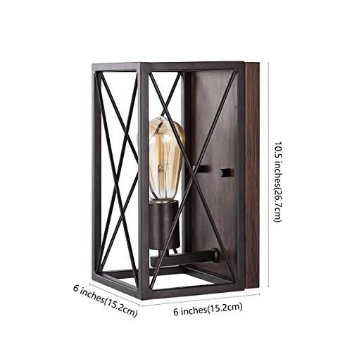 Image of JONATHAN Y 6 inch Oil Rubbed Bronze /Wood Finish 1-Light Iron Sconce, Farmhouse Rustic X-Frame Wall Lantern for Bathroom Hallway Entryway, Modern Industrial Lamp, LED Bulb Included JYL1310A