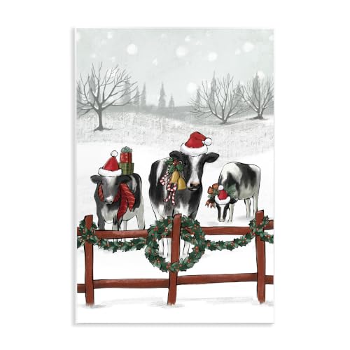 Holiday Cows Farmland Fence, 10 x 15 Inch Mounted Print on Wall Plaque