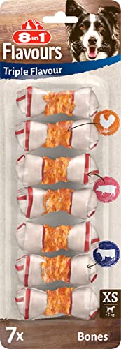 8in1 Triple Flavour Bones XS - Huesos de Perro masticables con Filete de Pollo, Piel de Cerdo y Piel de Res, 7 uds.