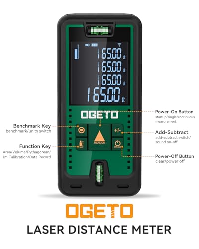 Foto von Laser Entfernungsmesser 50m, OGETO Laser Entfernungsmesser mit LCD Hintergrundbeleuchtung, 99 Datensätze, M/In/Ft, Pythagoras/Abstand/Fläche/Volumen Messungen(2*AAA Batterien, IP54)