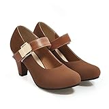 QSCQ Women's Round Toe Ankle Buckle Strap Block Heels Pumps Ladies Sandals Shoes Brown