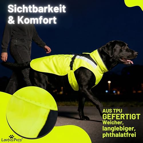 Wasserdichter Hunderegenmantel, reflektierenden Sicherheitsstreifen & Leinenöffnung – Leichte, Jacke für mittelgroße Hunde von Lautus Pets - XL, Gelb