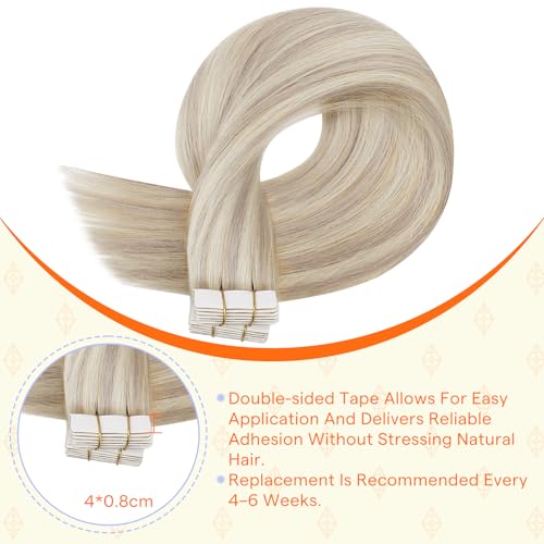 Image of Full Shine Hand Tied Tape in Hair Extensions,Real Human Hair,Color 18 /613 Ash Blonde Highlights,40g 20Pcs 14 Inch,Double Sided Invisible Skin Weft Hair Extensions,Office Friendly