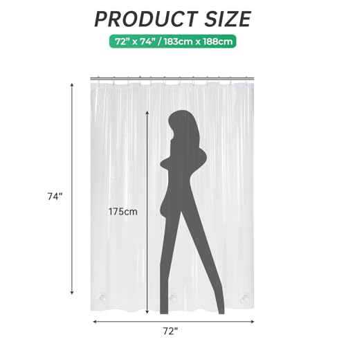 Image of AmazerBath Plastic Shower Curtain Clear 72x74 Inches, Clear Shower Curtain Heavy Duty 8G Premium PEVA, Weighted Shower Curtains for Bathroom Accessories with 3 Big Stones and 12 Rustproof Grommets