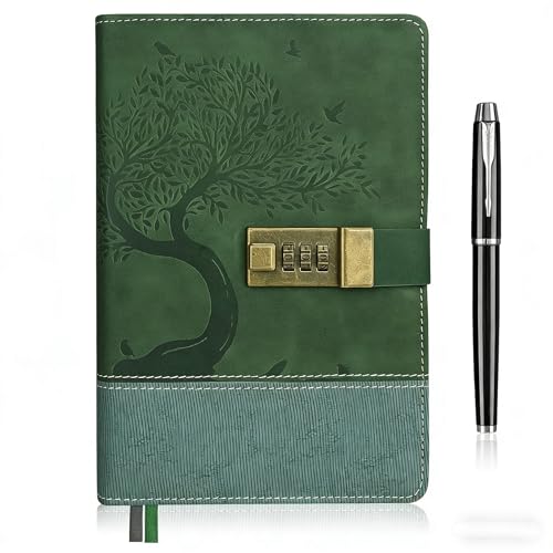 Image of SIMDAO A5 Leather Journal with Lock, 100gsm Password Locking Journals with Pen for Women & Men, 200 Pages Diary with Lock for Writing, Leather Hardcover Lined Notabook for Gift, Green