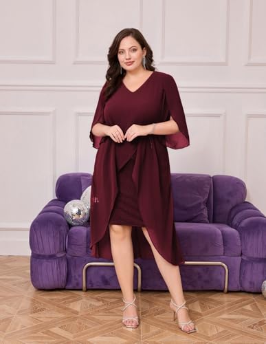 Image of Hanna Nikole Womens Plus Size Chiffon Cocktail Dress Ruffle 3 /4 Sleeve Wedding Guest Party Dresses with High Low Hem