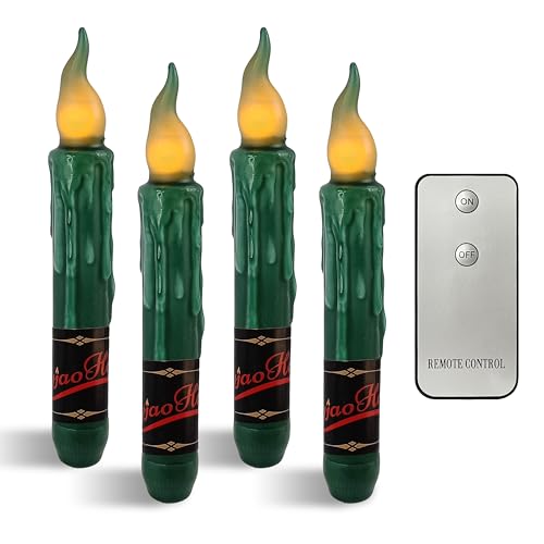 Image of Real Wax LED Flameless Short Taper Candles with Remote, 6.7 Inches Green Candlesticks, Dripless Battery Operated Flame Rustic Primitive Flameless Lights Holiday Decor, Pack of 4